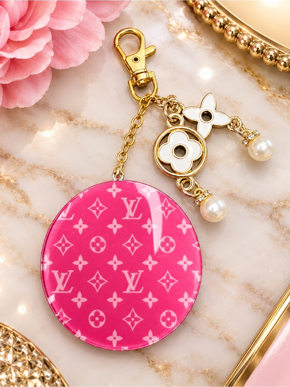 Handcrafted Pink Monogram Fashion Bag Charm Keychain | Gold Tone & Pearl Accents
